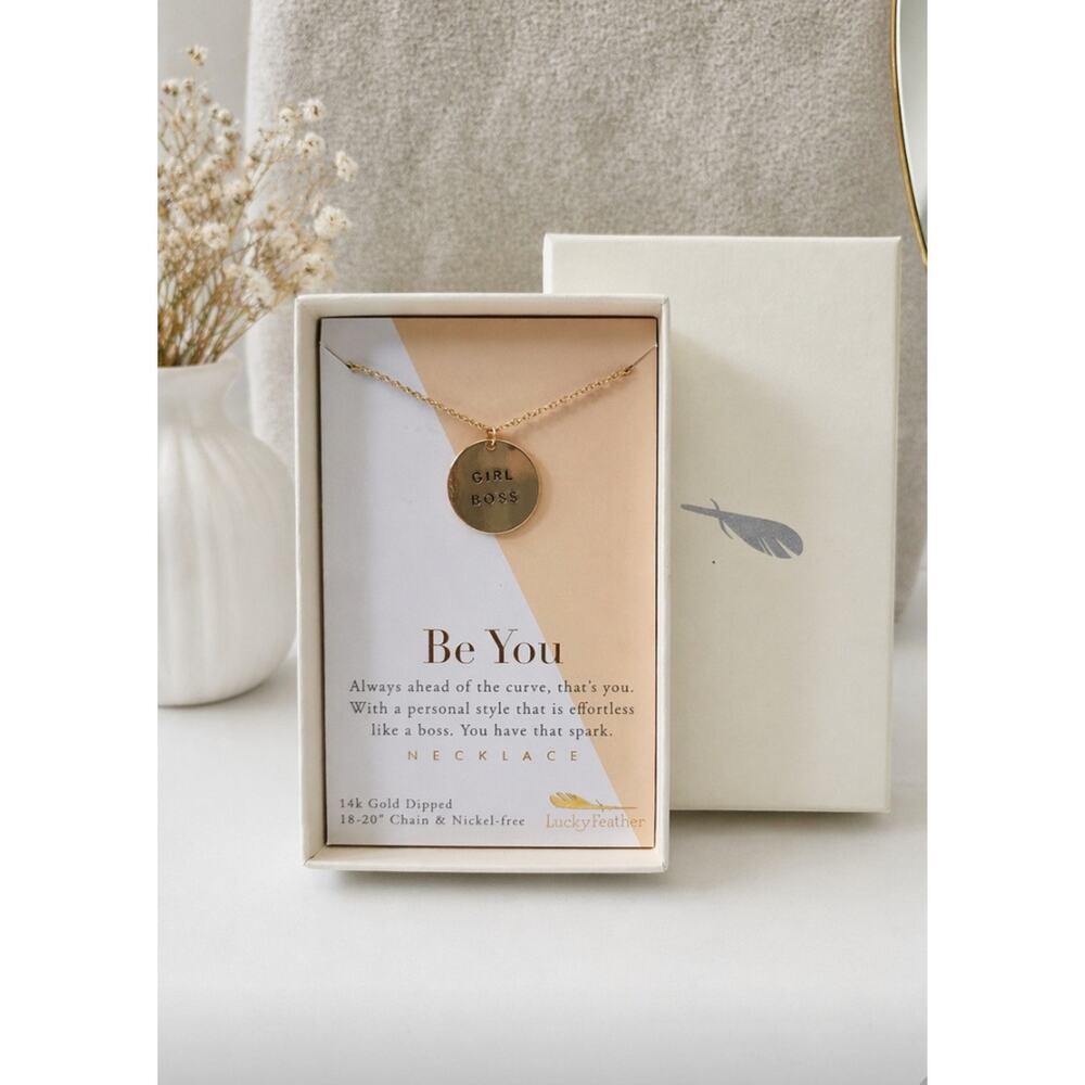 Lucky Feather Be You Girl Boss 14K Gold Dipped Necklace New
